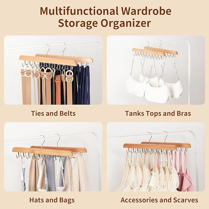 Bra Hanger for Closet Organizer, Wooden Tank Top Hangers with 20 Foldable Hooks, 360° Rotating Design, Space Saving Storage for Tank Tops, Bras, Scarves, Belts, Ties etc (2, Wood)