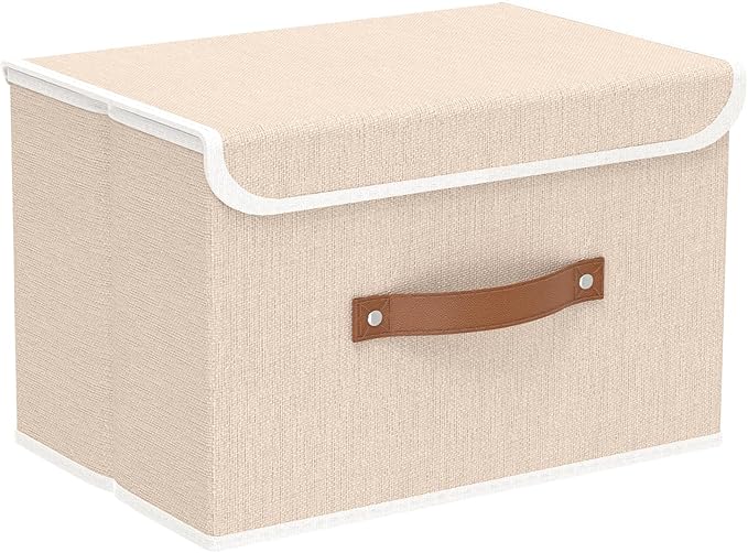 Yawinhe Collapsible Storage Boxes, Linen Fabric Baskets, Bin with lid and Leather Handle, Washable, for Home, Closet, Beige, 15.0''Lx9.8''Wx9.8''H, 1-Pack, USNK024BEL-1