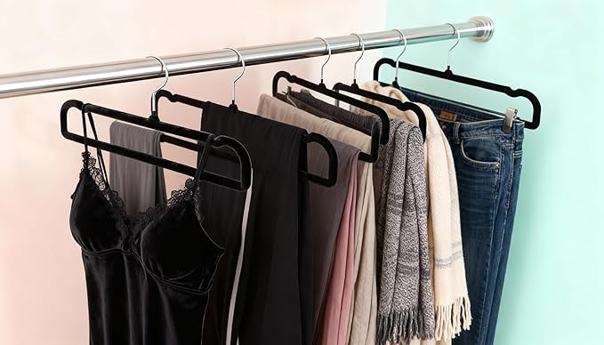 50 Velvet Pants Hangers with 20 Velvet Hooks – Non-Slip Flocked Slim Space Saving Clothes Hangers with 360° Swivel Silver Hook, Heavy Duty for Jeans, Pants, Tank Tops & Closet Organization