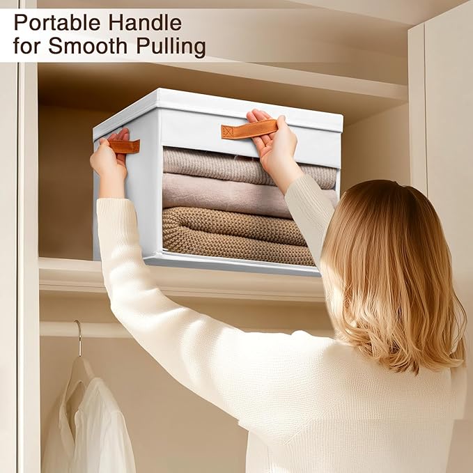 Large Storage Bins with Lids - 6 Pack Foldable Decorative Organizers with Clear Windows & Handles, Cube Storage Organizers for Clothes, Blankets, Sweaters, Sheets, White