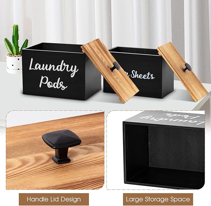 Dandat 2 Pcs Wood Rustic Laundry Dryer Sheet Holder Pod Container with Lid 8.7 x 6.3 x 6.4 Inch Laundry Pod Holder 7.3 x 3.7 x 5 Inch Dryer Sheet Dispenser Wooden Box Container(Black)