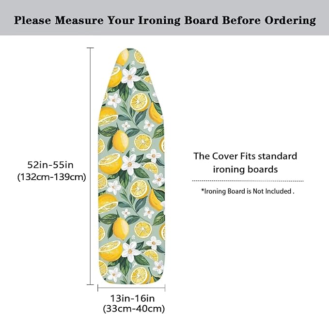 Lemon Ironing Board Cover and Pad with White Floral Standard Size Elastic Edge Home Decoration Hook and Loop Fasteners Heat Reflective 15 x 54 Inch