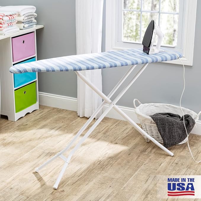 Full Size Ironing Board Made in USA – Blue Stripe by Seymour Home Products 4 Heavy-Duty Steel Legs Perforated Top for Steam Includes Cover & Pad Sturdy, Foldable Iron Board for Home & Laundry
