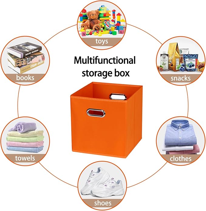 Fabric Cloth Storage Bins,Fabric Cube Bins Organizer with Dual Handles Foldable Cube Storage Baskets for Home Bedroom Storage,Set of 6,(Orange)