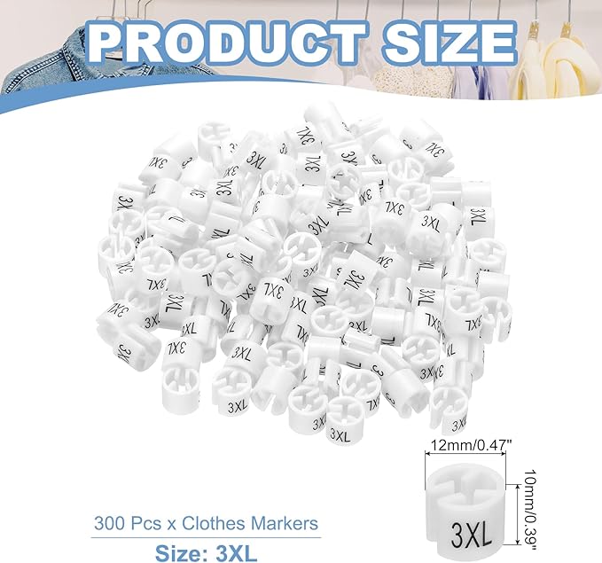 PATIKIL 300 Pcs Clothes Hanger Markers 3XL Fit Rod Garment Size Tag Hanger Clips Round Color Coding Label for Clothing, White