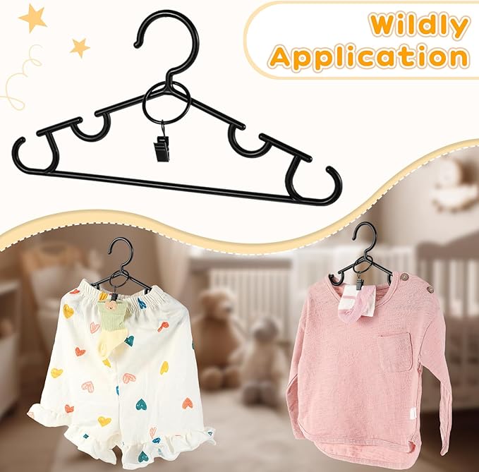 Hsei 30 Packs Nursery Baby Hangers with Ring Clips, Toddler Hangers, Kids Plastic Clothes Hanger for Infant Children Pants Closet Coat Skirts Socks (Black)