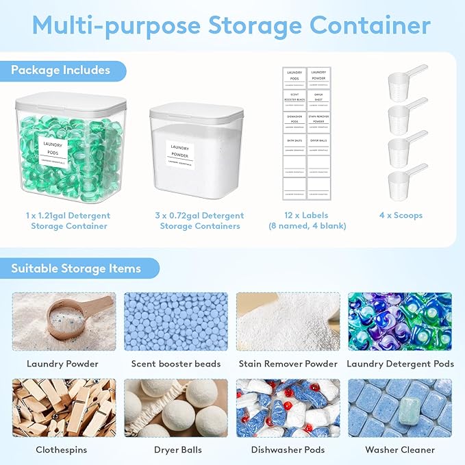 Lifewit Laundry Pods Container with Pop-up Lid, Laundry Room Organization, Dryer Sheet Holder for Washing Powder Scent Booster Beads, 2700 +4500ml/0.72+1.2gal,4 Pcs