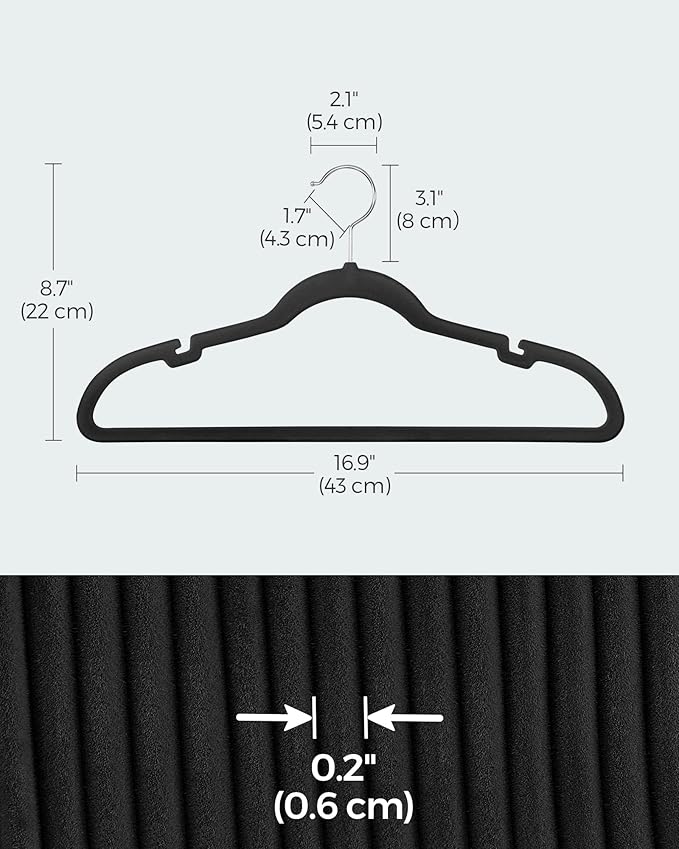 SONGMICS Velvet Hangers 20 Pack, Non-Slip Clothes Hangers with Shoulder Notches, Pants Bar, 360° Swivel Hook, Space-Saving, for Closet, Ink Black UCRF029B02
