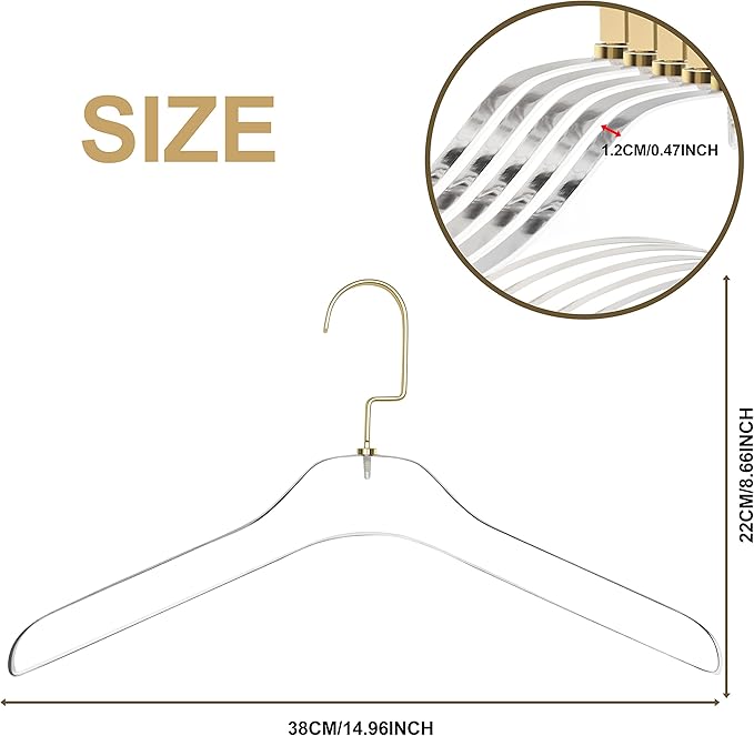 Quality Clear Acrylic Lucite Coat Suit Hangers – 5-Pack, 15" Junior Size, Stylish Clothes Hanger with Matte Gold Hooks - Coat Hanger for Dress, Suit - Closet Organizer Junior Hangers (Matte Gold, 5)