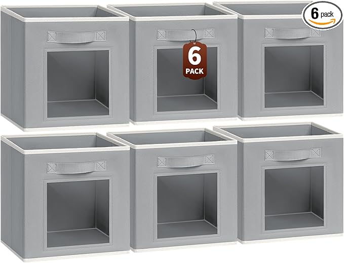 Storage Cube 11 Inch - Cube Storage Bins with Window, Closet Storage Baskets with Handle, Fabric Bins for Closet, Shelves, Toys, Clothes, Set of 6, Grey