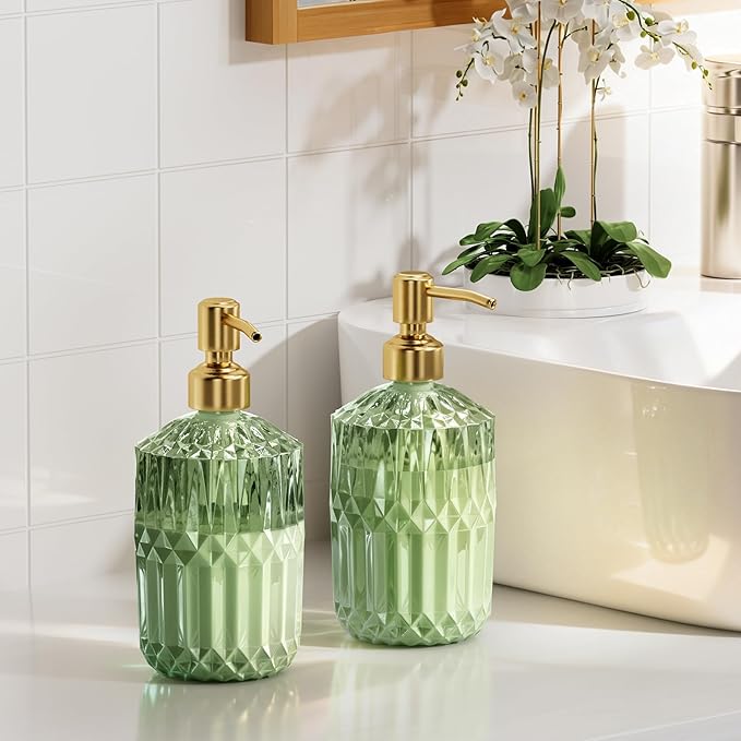 AmazerBath Soap Dispenser Green Glass Soap Dispenser with Pump Stainless Steel, 14.2OZ Luxury Gold Hand Soap Dispensers Bottles Bathroom, Refillable Kitchen Soap Dispenser for Dish Soap, 1 Pack