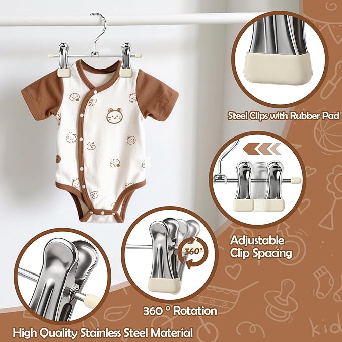 Mity rain 30-Pack Baby Hangers - 360° Rotatable Silicone Clip Kid Hangers, Space-Saving Toddler Hanger,Premium Stainless Steel, Ideal for Newborn & Children Wardrobe Organization.