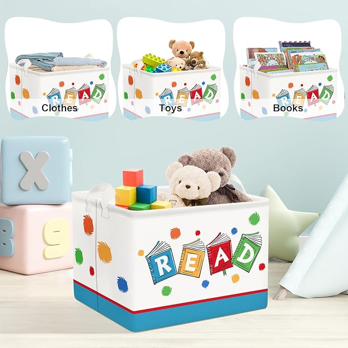 Clastyle Collapsible Back to School Reading Book Storage Basket Dr Quotes Book Organizer for Nursery Room Classroom Library Rectangle Kindergarten Daycare Clothes Toys Storage Bin