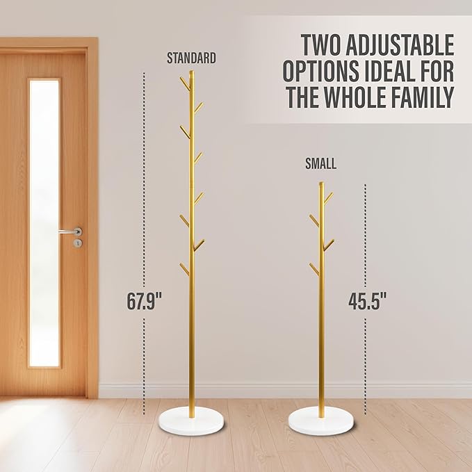 Coat Rack Freestanding Metal Clothing Rack – Modern Clothes Organizer with 8 Coat Hooks – Space-Saving Hall Tree for Entryway, Bedroom, Office – Sturdy Minimalist Coat Hanger & Garment Rack (Gold)