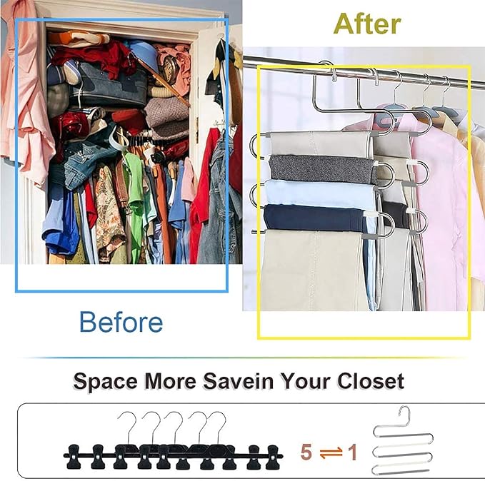 Devesanter Space Save Non-Slip 6 Pack S-Shape Trousers Hangers - Stainless Steel Clothes Hangers Closet Storage Organizer for Pants Jeans Scarf Hanging Grey and White