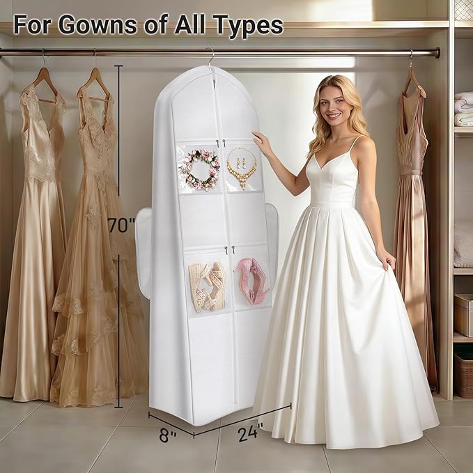 MISSLO 2-in-1 Wedding Dress Garment Bag 70" Dress Bags for Gowns Long with 5 Bride Accessories Pockets & Adjustable Handles Trifold Dresses Cover for Travel and Closet Storage, White
