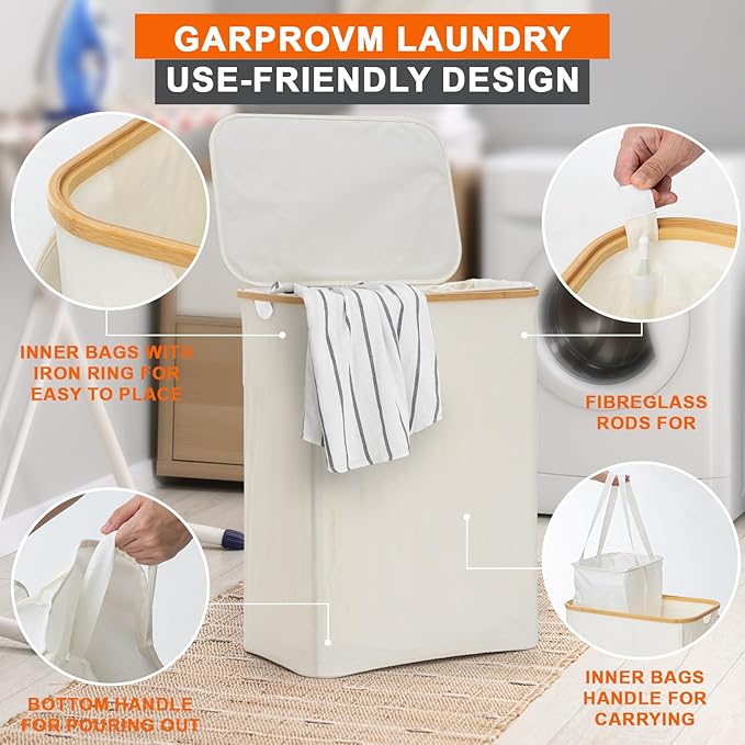 GARPROVM Double Laundry Hamper with Lid 150L Large Laundry Basket with Bamboo Handles Foldable Clothes Hampers with 2 Removable Liner Bags for Laundry for Bedroom Bathroom Dorm Laundry Room (Beige)