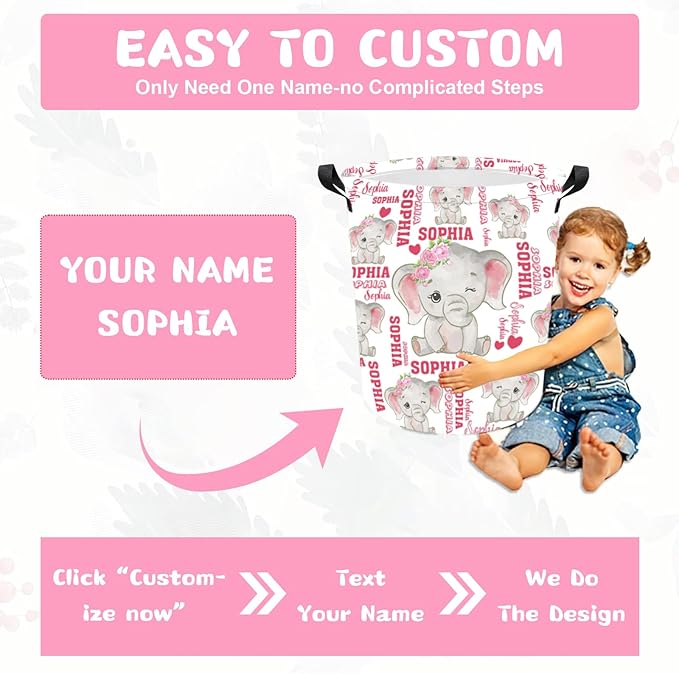 Personalized Laundry Hamper Custom Kids Dirty Clothes Hamper with Name Storage Basket for Bathroom Bedrooms Nursery for Baby Girls Boys Adults (Style-Pink Elephant)
