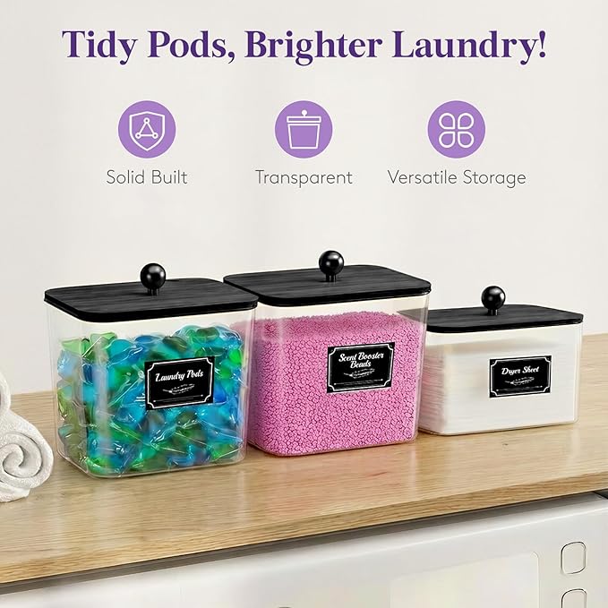 Lifewit 4 Pcs Laundry Pods Container with Bamboo Lid, Dryer Sheet Holder, Laundry Room Organization for Washing Powder, Scent Booster Beads, 2600 +2000ml/0.53+0.7gal