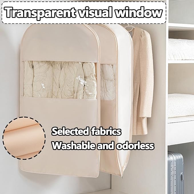 Space Saving Hanging Garment Bag with Self Compression Zipper，Dust Cover Clothes Bags for Down Coat,Dress,Suit，Closet Storage Organizer for Home Travel Use(Beige, XL)