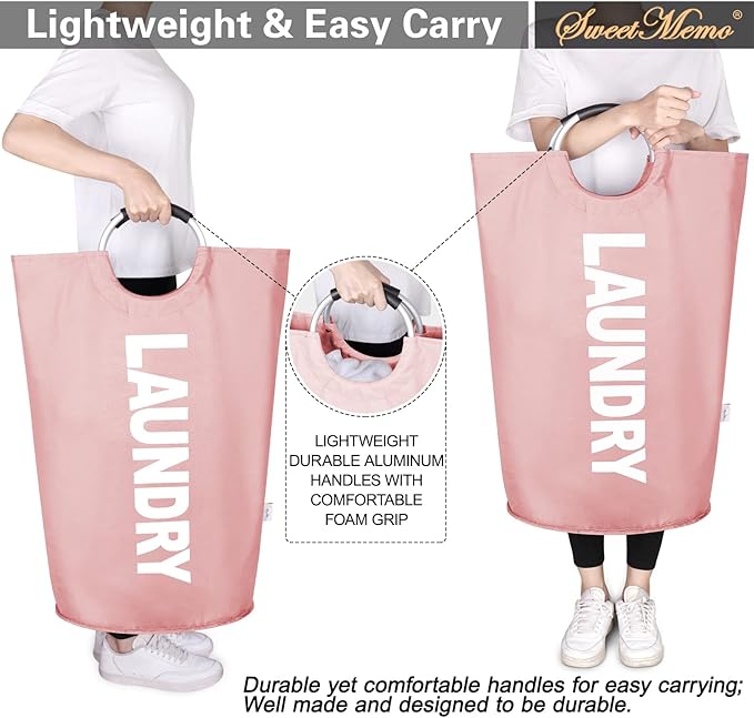 Laundry Hamper Bags 2 Pack, Large Laundry Baskets Collapsible, Dirty Clothes Hampers with Handles, Freedstanding Laundry Bin for Bedroom, College Dorm Room, Sturdy, Easy Carry (Pink)