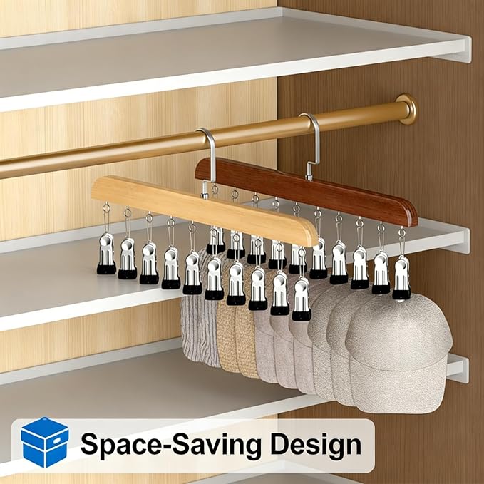 Hat Hangers for Closet,Space Saving Hanging Hats Organizer with 10 Clips,Wooden Legging Hangers 3 Pack,360° Rotating Closet Organizer for Pants, Skirts and Socks Storage (Set of 3,Natural)