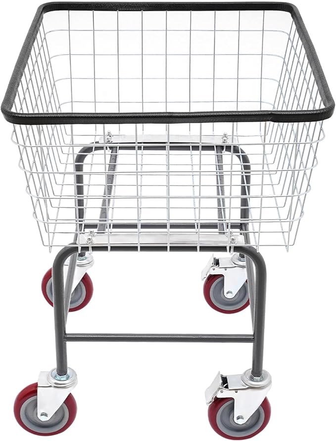 Wire Laundry Cart, Commercial Laundry Basket Cart with Wheels, 26.77"D x 21.5"W x 26"H Heavy Duty Steel Wire Hamper for Clothes Storage, Steel Frame with Galvanized, 4" Casters