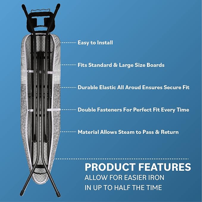 Bartnelli Ironing Board Cover and Pad, Made in Europe with New Patent Technology | 54x15 Iron Board Replacement Cover Featuring Park & Turbo Zone, Scorch Resistant 100% Cotton Thick Layered Top