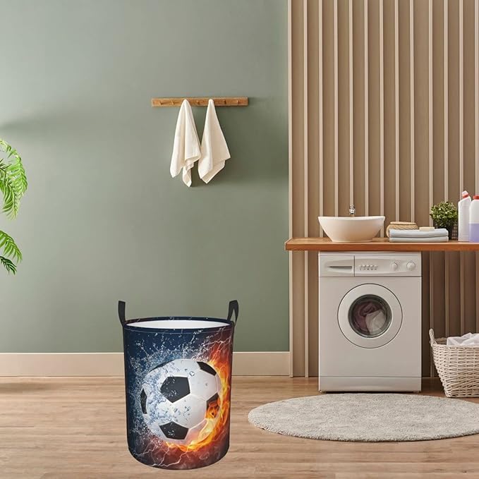 Dujiea Soccer Ball In Fire And Water Laundry Basket Round With Handle, Collapsible Foldable Canvas Storage Bin Dirty Clothes Bag For Laundry/Toys Organizer/College Dorm/Nursery/Decor(2 Sizes)