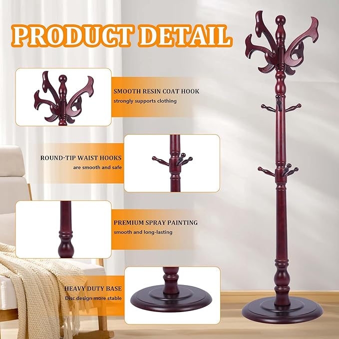 72“ Modern Wooden Coat Rack Freestanding Wood Coat Tree Heavy Duty with Hooks and Sturdy Round Base Coat Hanger Stand for Entrance, Office, Corridor