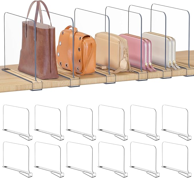 Purse Organizer for Closet Shelf Dividers: 8" Tall X 12" Deep, Acrylic Clear Closet Shelf Divider, Bag Storage for Clothes Sweater, Vertical Separators for Wood Cabinet, Handbag Organization, 12 Pack