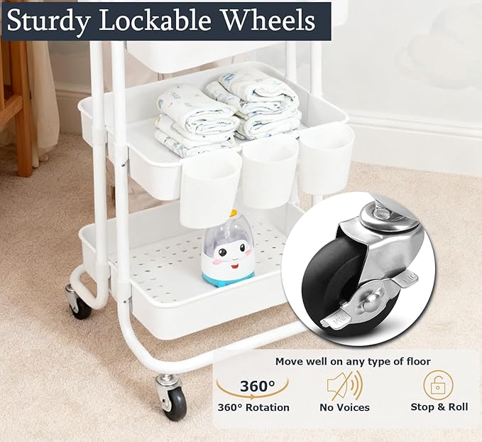 3 Tier Rolling Cart with Topper Storage Table Cart White Utility Cart with Cups & Hooks, Metal Frame with Plasitc Baskets, Functional Mobile Carts for Kitchen Pantry, Arts Supplies,Baby Essentials