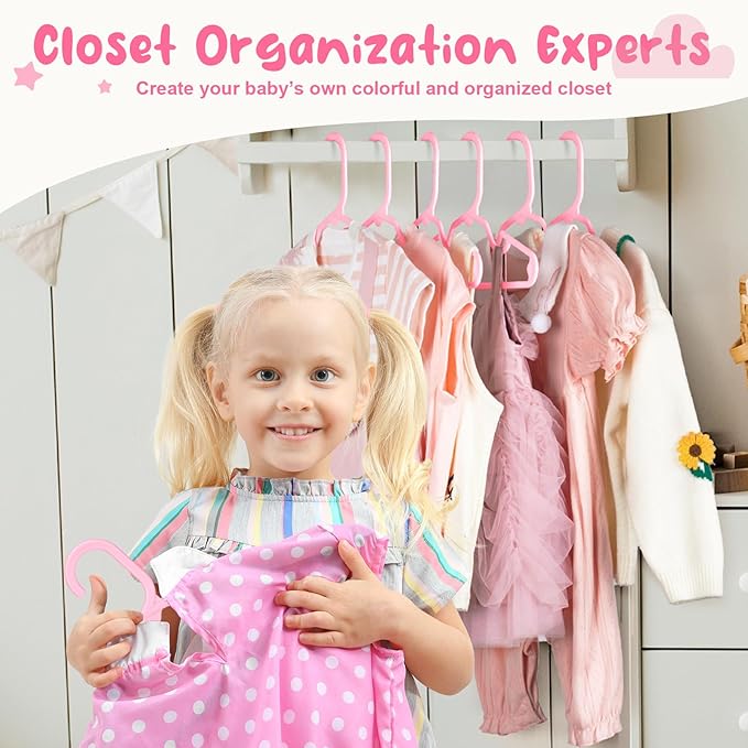 HOUSE DAY Premium Baby Hangers 60 Pack, 11 Inch Kids Plastic Hanger Pink, Slim Childrens Hangers for Infant, Toddler, and Child Clothes, Durable Baby Clothes Hanger for Closet