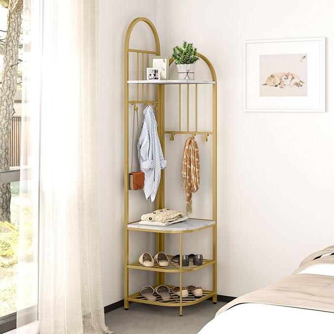 Tangkula Corner Hall Tree, 71 Inch Tall Entryway Coat Rack with Shoe Bench & 4 Storage Shelves, 6 Movable Hooks, Freestanding Metal Corner Clothes Rack for Bedroom Hallway Living Room