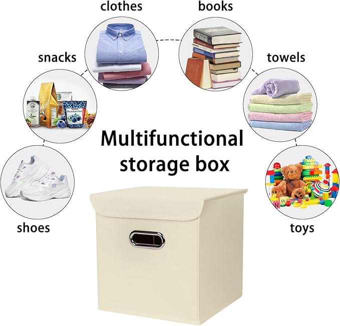 Closet Organizers Fabric Storage Bins With Lids Collapsible Cube Storage Organizer Basket With Handles,Storage Boxes for Clothes Storage,Office,Laundry,Shelves,6 Pack,（Creamy-White