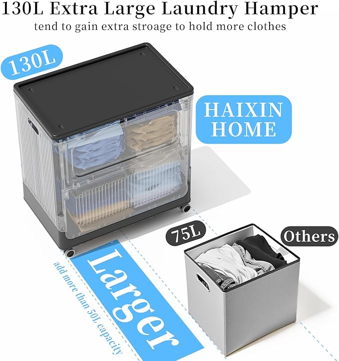 HAIXIN HOME 130L Rolling Laundry Hamper with Lid, Large Plastic Laundry Basket for College Dorm, Foldable Dirty Clothes Hamper Organizer for Industry, Bedroom, Living Room, Bathroom - Black 2 Pack