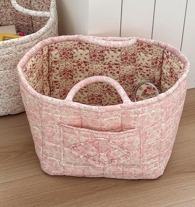 Quilted Laundry Basket Floral Storage Basket Cute Fabric Laundry Baskets Large Boho Foldable Nursery Hamper (Floral02)