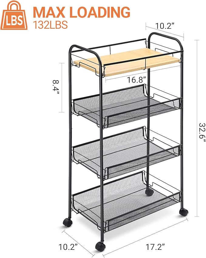 KINGRACK 4-Tier Rolling Cart,Metal Utility Cart with Wooden Tabletop,Easy Assemble Mobile Storage Trolley On Wheels,Craft Storage (Black)