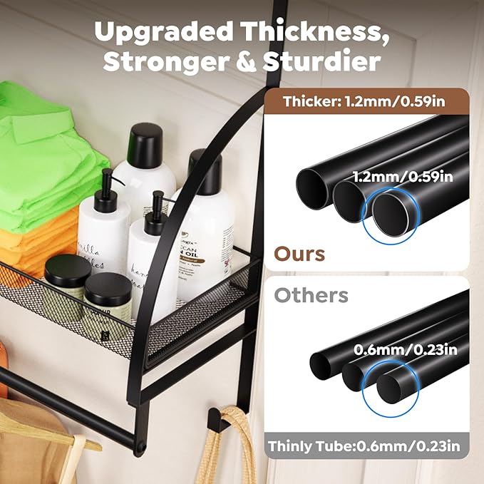 Over The Door Clothes Hanger Drying Rack, Over Door Drying Rack with Storage Basket and Hooks for Hanging Towels, Coats & Clothes, Door Hanger Organizer for Bathroom Laundry Dorms Washroom (Black)