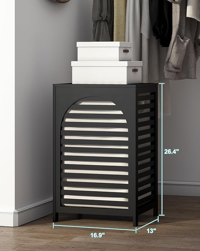 Laundry Hamper, 22.5 Gallon (85L) Bamboo Wood Clothes Laundry Basket with Lid and Handles, Removable Liner (Black, Large)