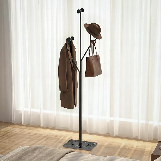 Coat Rack Stand, Freestanding Metal Coat Rack with Sturdy Marble Base, Modern Standing Coat Rack Tree for Entryway, Bedroom, Office & Hallway, Space-Saving Design, Black, 68.9 Inches Tall