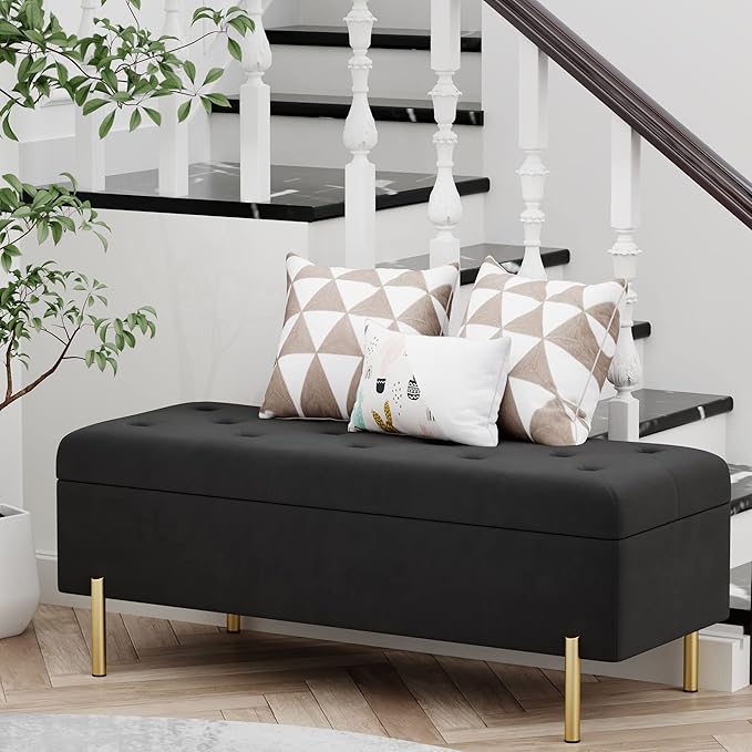 Andeworld Velvet Storage Bench, Modern Bedroom Bench, Upholstered Tufted Large Settee Ottoman with Storage Bench for Bedroom,Living Room,Entryway,Black