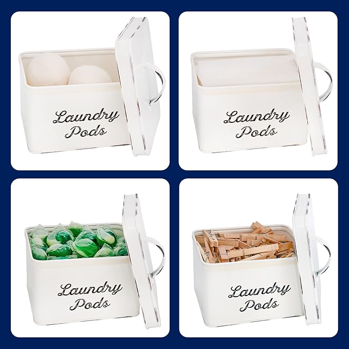 AuldHome Design Enamelware Laundry Pod Holder; Rustic White Laundry Pod Storage Container