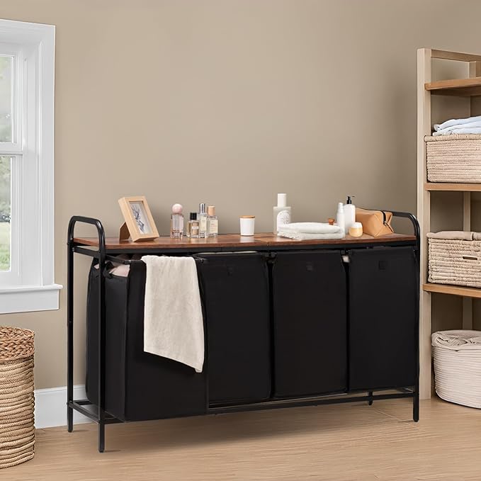 4 Section Laundry Hamper with Shelf, Laundry Basket Organizer with 4 Pull-Out Removable Bags 4×11.5Gal(43.4L), Laundry Sorter for Clothes Organization in Bedroom, Laundry Room, Brown