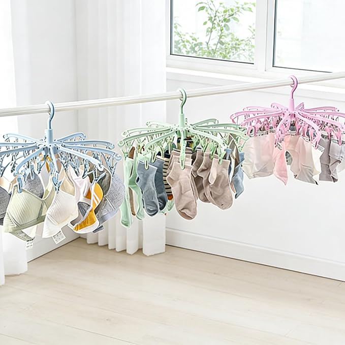Foldable Drying Rack with 40 Clips for Drying Socks Lingerie Baby Clothes Drying Towels Rotatable Sock Drying Rack（Pink）
