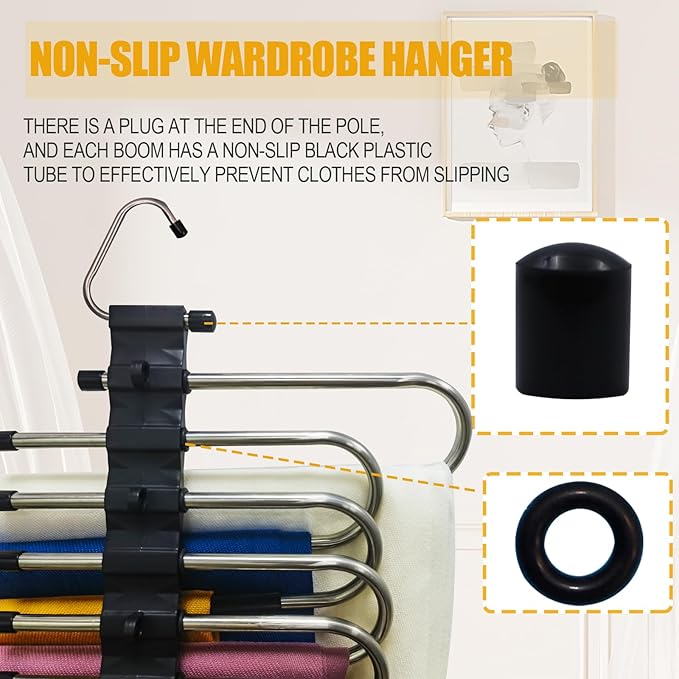 2Pack 9 Layers Foldable Pants Hangers Space Saving Trouser Hanger Multifunctional Trouser Rack Hanger Hanging Hole for Wardrobe Trousers Scarf Jeans (Black)