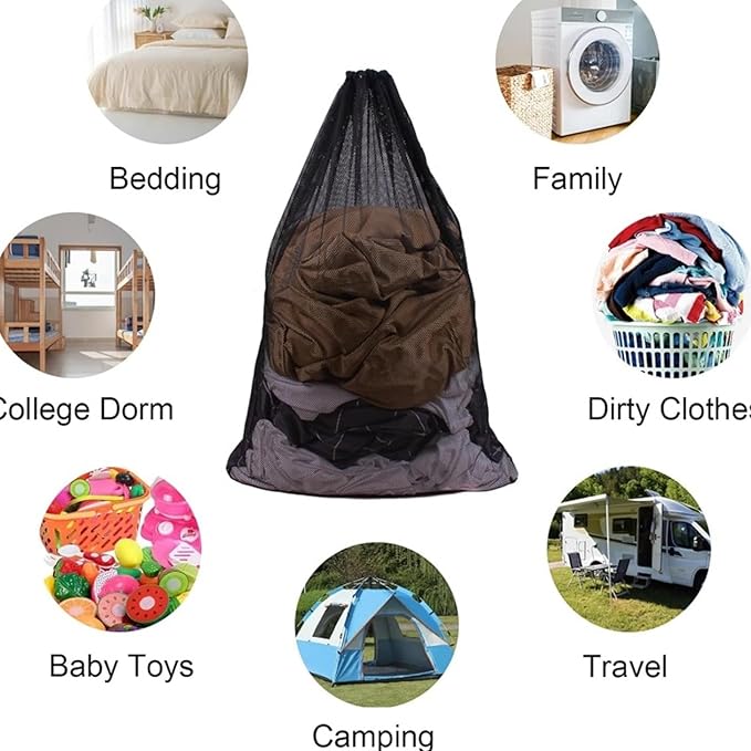 3 Pack Large Mesh Laundry Bags, 23 x 34 Inches Heavy Duty Laundry Net Bag with Drawstring, Durable Mesh Laundry Bags for College Dorm, Travel, Family, Apartment Dwellers, Camping, Black