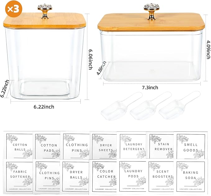 4 Pack Laundry Room Organization Storage Containers Acrylic Jars and Dryer Sheet Container with Lids and Labels for Laundry Detergent Laundry Pods Containers Dry Sheet Organizing