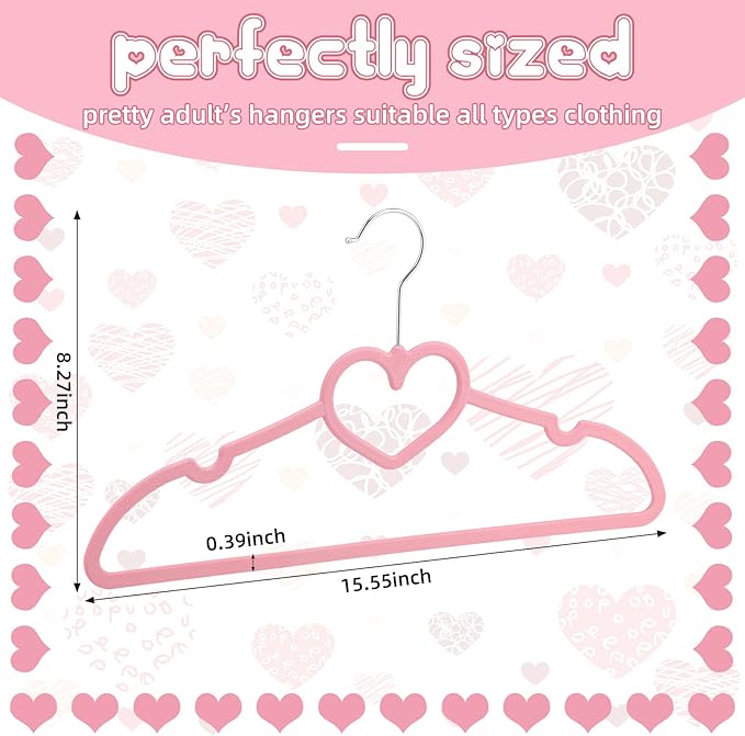 Qunclay 50 Pcs Pink Plastic Heart Hangers with 360 Degree Swivel Hook, Heavy Duty Sturdy Heart Clothes Coat Hanger, Cute Kawaii Room Decor for Adult Women, Space Saving with No Hanger Mark