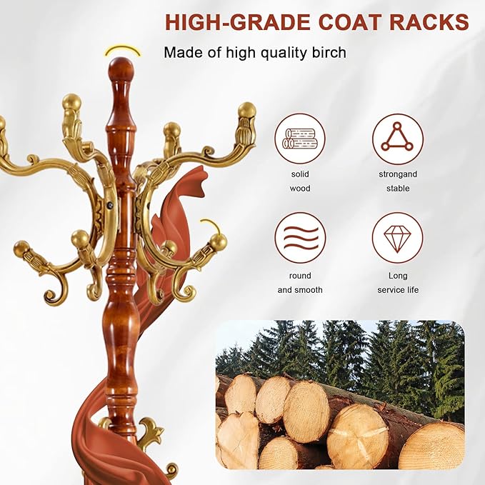 Wooden Coat rack freestanding, Coat racks stand with storage basket, Heavy duty coat tree standing with 11 Hook for Bedroom, Entryway, Hallway, Office,Stury Base (Triangle Begonia)